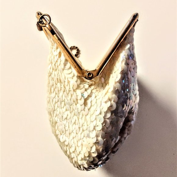 Vintage Women's White Iridescent Sequin Evening Bag/Clutch ~ Gold Tone ~ GVC - Picture 7 of 9